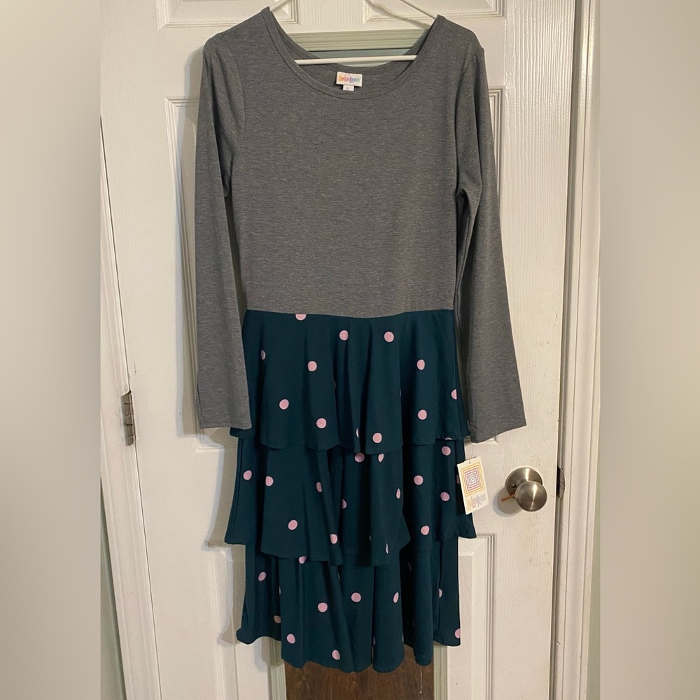 Large, green and pink polka dot LuLaRoe dress
